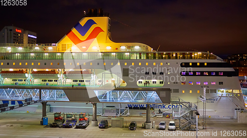 Image of Stockholm, Sweden - November 3, 2018: The Tallink ship Viktoria I in Vartahamnen port in Stockholm, the capital of Sweden. Waiting for departure to Tallin.