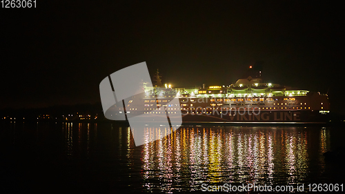 Image of Stockholm, Sweden - November 6, 2018: Amorella from the Viking Line company embarking to the port in Stockholm
