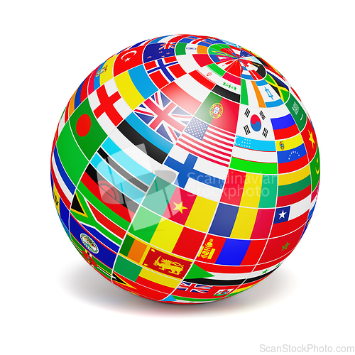 Image of D globe sphere with flags of the world on white