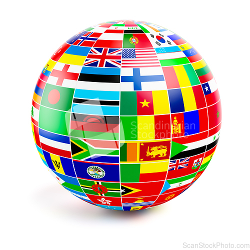 Image of ThreeD globe sphere with flags of the world on white