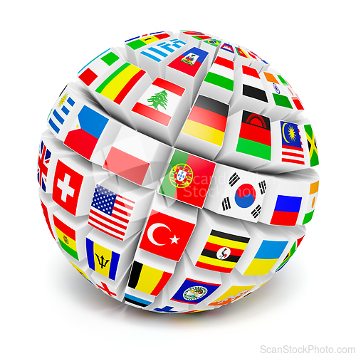 Image of 3D globe sphere with flags of the world on white