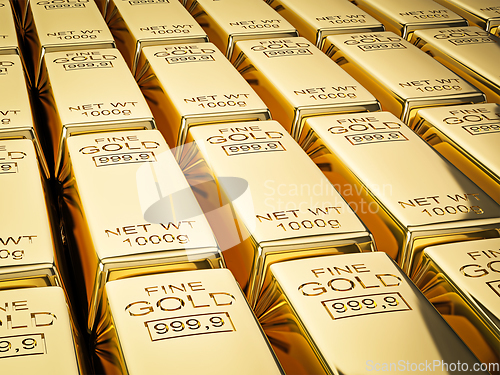 Image of Stacks of gold bars close up