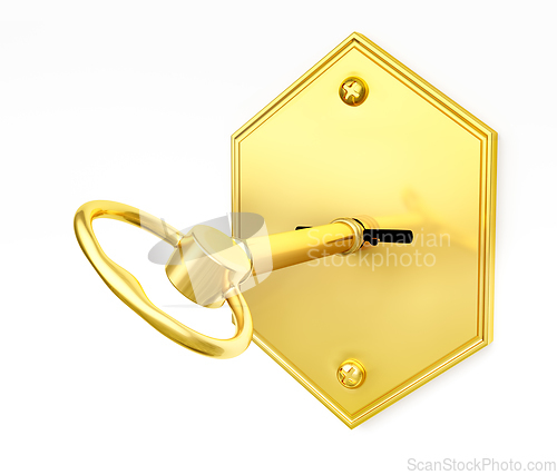 Image of Golden key in keyhole