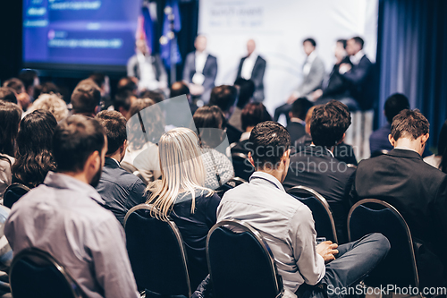 Image of Round table discussion at business conference meeting event.. Audience at the conference hall. Business and entrepreneurship symposium.