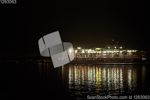 Image of Stockholm, Sweden - November 6, 2018: Amorella from the Viking Line company embarking to the port in Stockholm