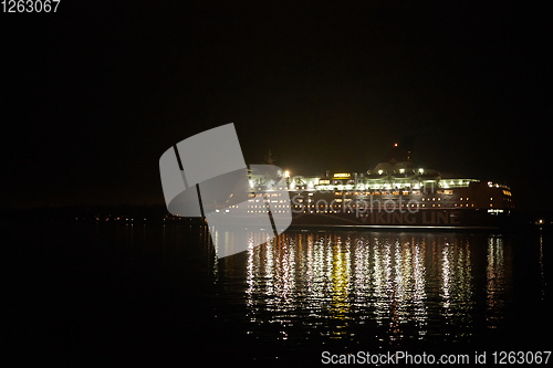 Image of Stockholm, Sweden - November 6, 2018: Amorella from the Viking Line company embarking to the port in Stockholm