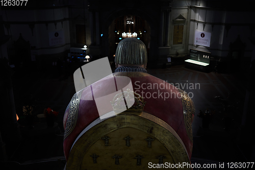 Image of Stockholm, Sweden - November 6, 2018 : The enormous oak statue of King Gustav Vasa in Nordic museum in Stockholm, Sweden