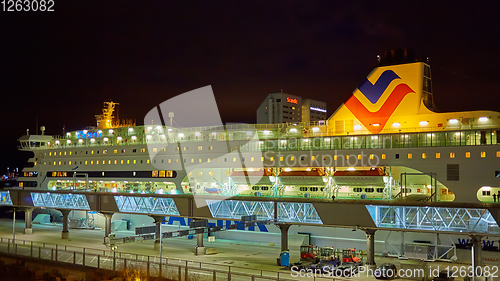 Image of Stockholm, Sweden - November 3, 2018: The Tallink ship Viktoria I in Vartahamnen port in Stockholm, the capital of Sweden. Waiting for departure to Tallin.