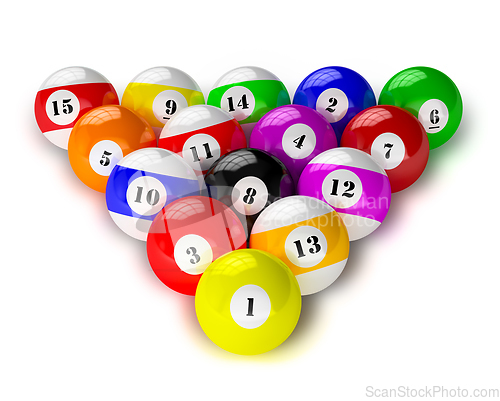 Image of Set of billiard pool balls on white