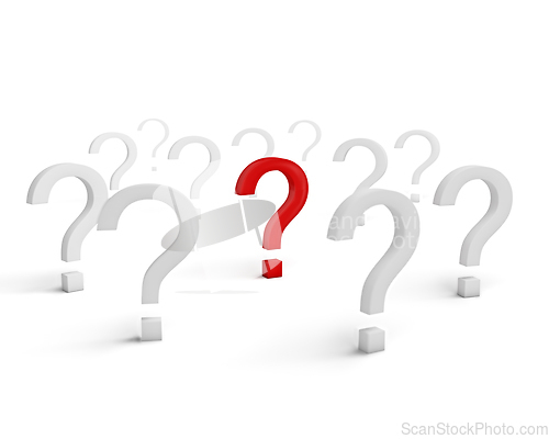 Image of Red question symbol surrounded with white signs isolated
