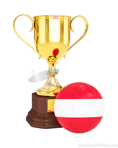 Image of Gold trophy cup and soccer football ball with Austria flag