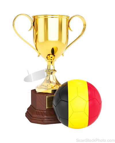 Image of Gold trophy cup and soccer football ball with Belgium flag