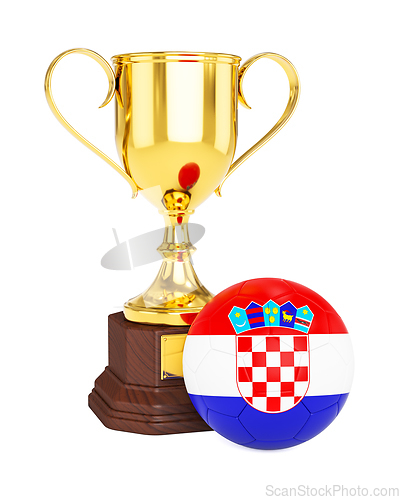 Image of Gold trophy cup and soccer football ball with Croatia flag
