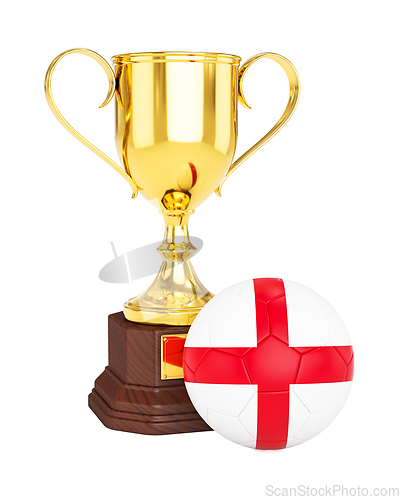 Image of Gold trophy cup and soccer football ball with England flag