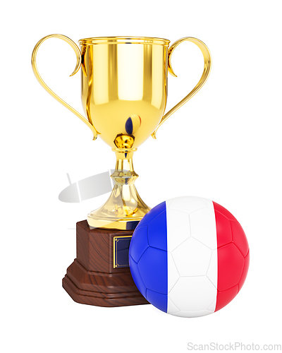 Image of Gold trophy cup and soccer football ball with France flag