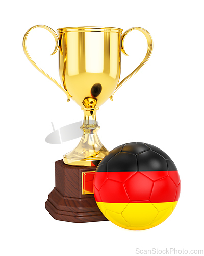 Image of Gold trophy cup and soccer football ball with Germany flag