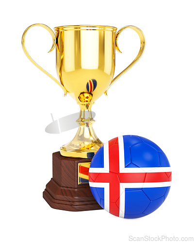 Image of Gold trophy cup and soccer football ball with Iceland flag