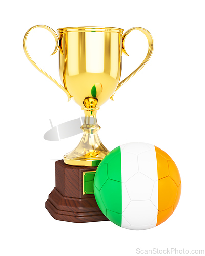 Image of Gold trophy cup and soccer football ball with Ireland flag