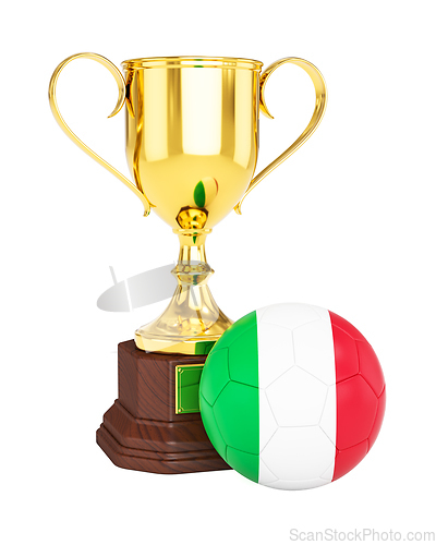 Image of Gold trophy cup and soccer football ball with Italy flag