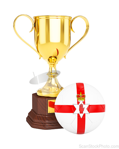 Image of Gold trophy cup soccer football ball with Northern Ireland flag