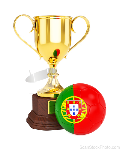 Image of Gold trophy cup and soccer football ball with Portugal flag