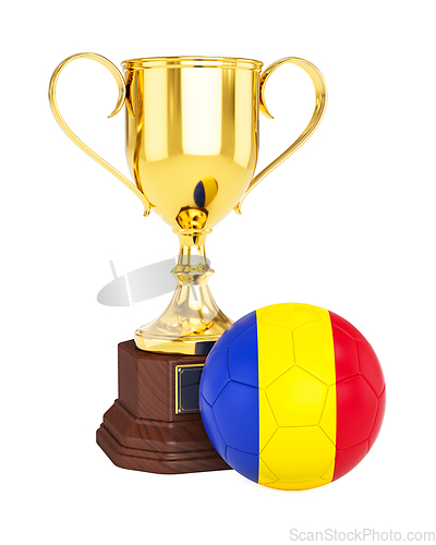 Image of Gold trophy cup and soccer football ball with Romania flag