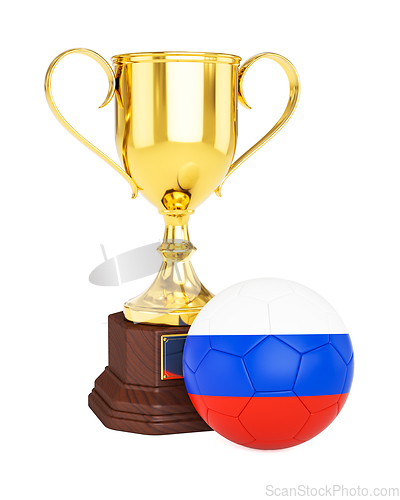 Image of Gold trophy cup and soccer football ball with Russia flag