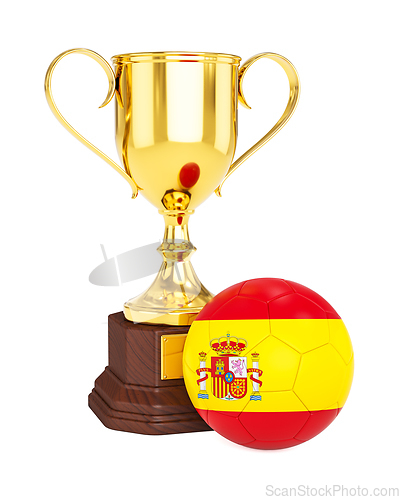 Image of Gold trophy cup and soccer football ball with Spain flag