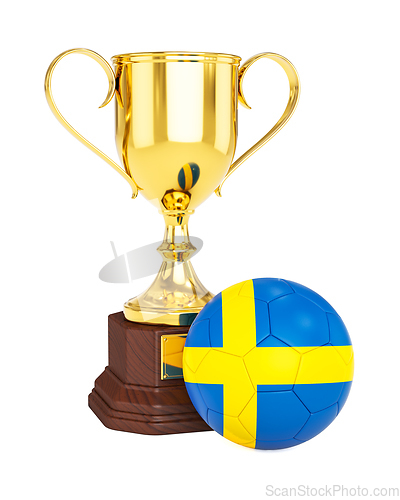 Image of Gold trophy cup and soccer football ball with Sweden flag