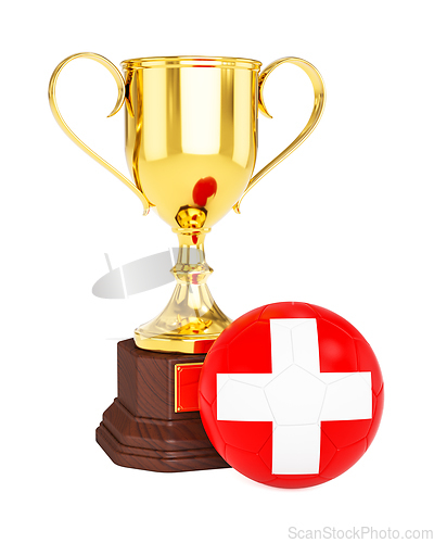 Image of Gold trophy cup and soccer football ball with Switzerland flag