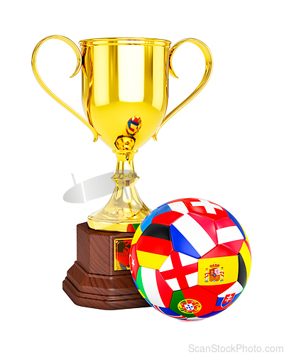 Image of Gold trophy cup and soccer football ball with Europe flags