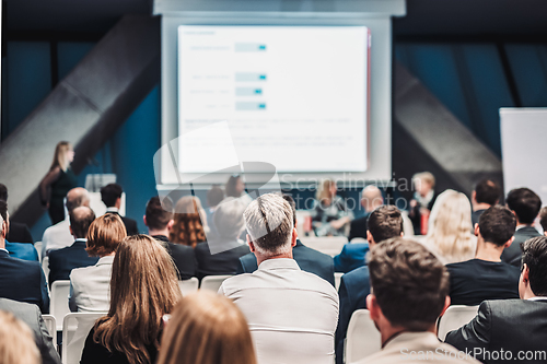 Image of Round table discussion at business conference meeting event.. Audience at the conference hall. Business and entrepreneurship symposium.