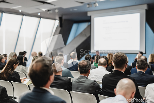 Image of Round table discussion at business conference meeting event.. Audience at the conference hall. Business and entrepreneurship symposium.