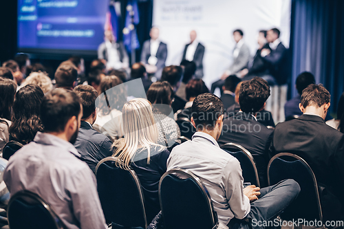 Image of Round table discussion at business conference meeting event.. Audience at the conference hall. Business and entrepreneurship symposium.