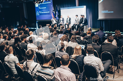 Image of Round table discussion at business conference meeting event.. Audience at the conference hall. Business and entrepreneurship symposium.