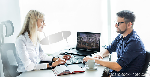 Image of Business meeting. Client consulting. Confident business woman, real estate agent, financial advisor explaining details of project or financial product to client in office.