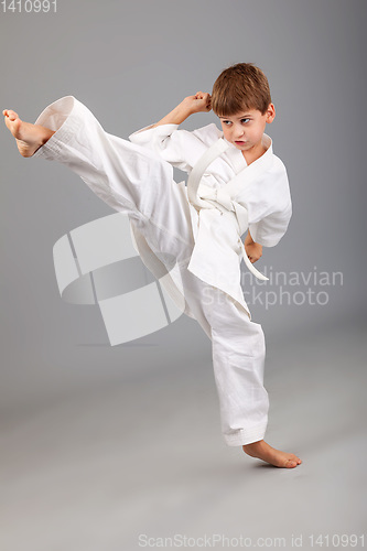 Image of Karate boy in white kimono fighting