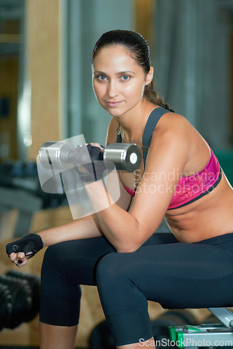 Image of Portrait, woman and dumbbell workout in gym for power, exercise and strong bodybuilding. Female athlete, fitness weights and training on bench for healthy muscle growth, sports and strength in club