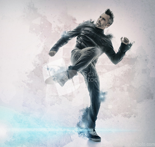 Image of Fashion, art and man dance in studio for freedom, celebration or expression on mockup space. Creative, funky and male dancer in cool outfit with passion, hip hop or funky aesthetic on wall background