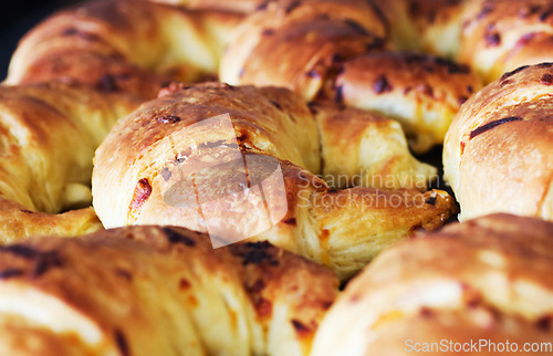 Image of Bakery, croissant and bread in a retail store with coffee shop food and product in a kitchen. Fresh, closeup and French pastry with patisserie and dessert in a cafe with flour and wheat cooking snack