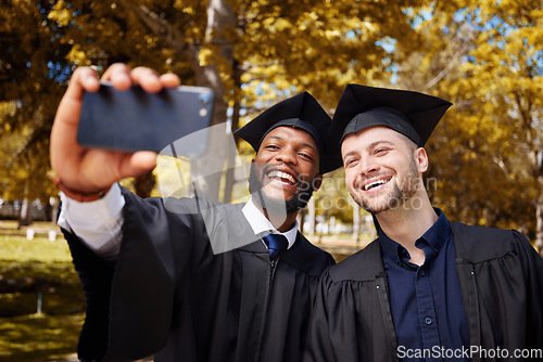 Image of Graduation selfie, friends and students on college or university campus, success or scholarship celebration. Happy men, graduate or people with education, achievement and diversity in profile picture