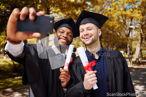 Image of Graduation selfie, friends and students on university or college campus, success and celebration of diploma. Happy men, graduate or people with education, certificate and diversity in profile picture