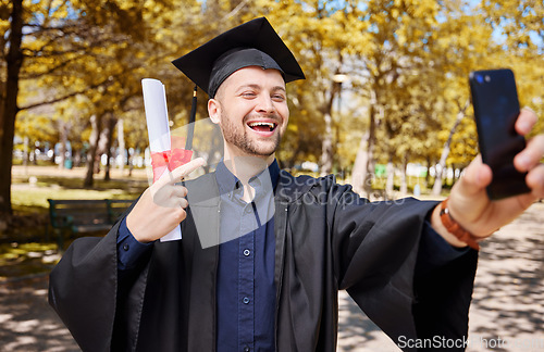 Image of Graduation selfie, university student and man on campus, college profile picture and diploma or certificate success. Graduate, photography and happy person in park with scholarship celebration