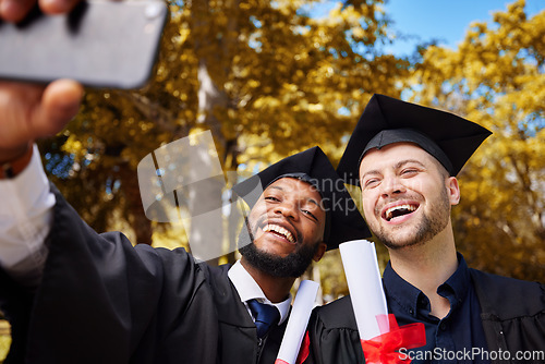 Image of Graduate selfie, friends and students on college or university campus, diploma success and certificate or award. Happy men or people in education, graduation achievement and diversity profile picture