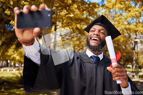 Image of Graduation selfie, success and student or man on university or college campus, profile picture and diploma or certificate. Graduate, photography and african person in park for scholarship celebration