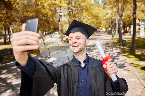 Image of Graduation selfie, college student and man on campus, university and profile picture with diploma or certificate. Graduate success, photography and happy person in park with scholarship celebration