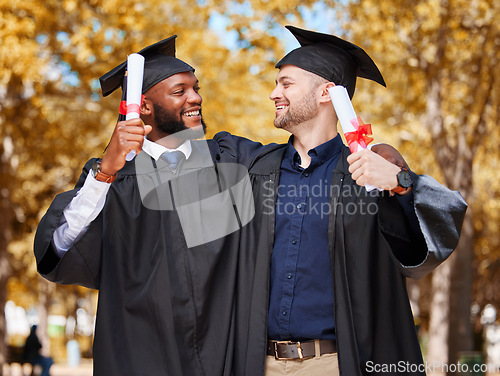 Image of Graduation, students and couple of friends on university, or campus achievement, success and celebration of diploma. Men, graduate or diversity people hug for education, certificate and award at park