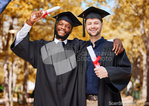 Image of Graduation portrait, friends and students on university or college campus, success and celebration of diploma. Happy men, graduate or people hug for education, certificate and diversity in park