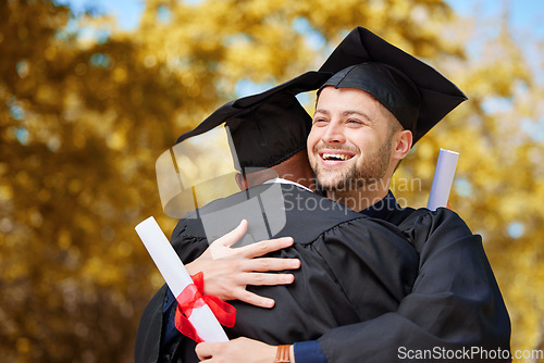 Image of Graduation, man and friends hug with smile for achievement, education and celebrate success outdoor. Happy university students, male graduate and embrace for celebration, congratulations and award