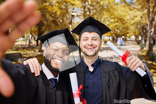 Image of Graduate selfie, portrait and students on college or university campus, success and diploma celebration. Face of friends, graduation people or men for education, certificate and diversity photography